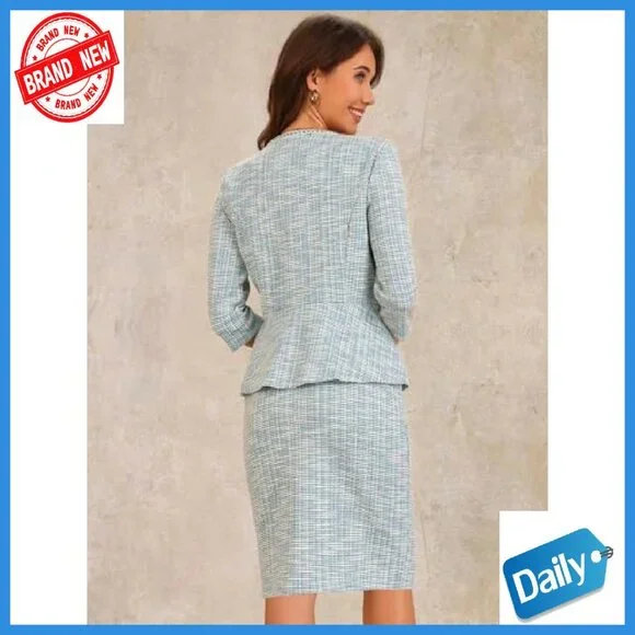 Tweed Skirt Suit Set 3/4 Sleeve Jacket Elastic Waist Pencil Skirt - Picture 5 of 7